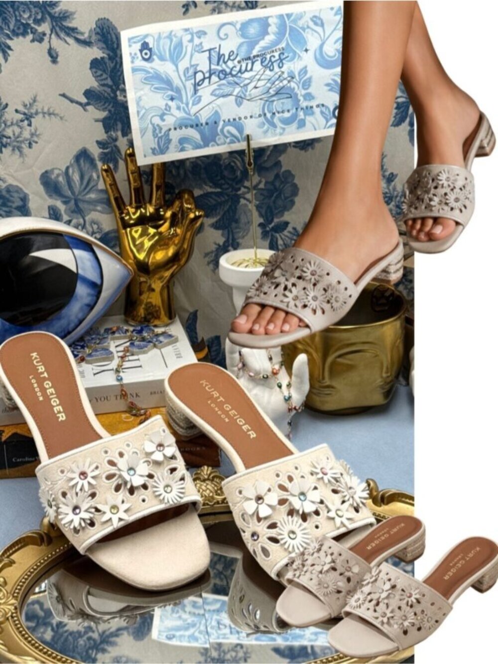 🆕 KURT GEIGER LONDON 🧿 NWOB Flower Power Low Sandal, Bone - Sz 38.5 US 8